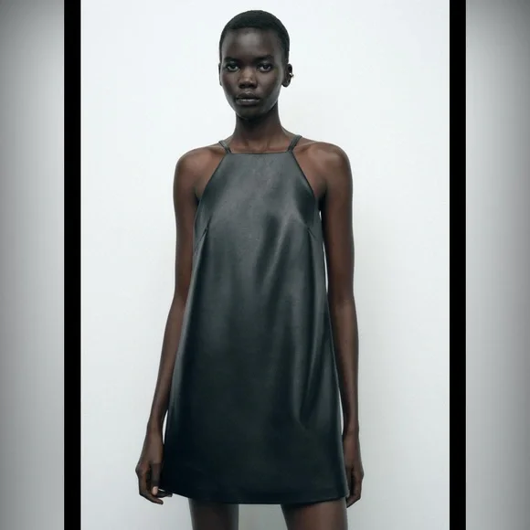 Zara Black faux leather Sheath Mini Dress Halter Cocktail